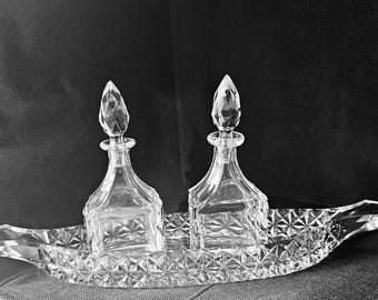 Vintage 3 Pc. Set Exquisite European Crystal Cut 5&quot; Glass Cruets with boat tray