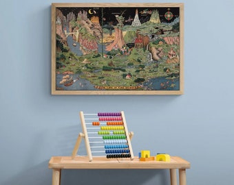 May include: A wooden table with two small wooden stools, a colorful abacus, and a framed map of "The Land of Make Believe" hanging on the wall.