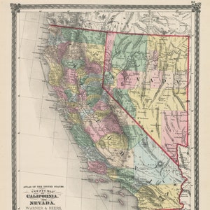 1875 County Karte von Kalifornien und Nevada