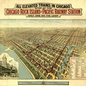 Vintage Kartenreproduktion einer Vogelperspektive von Hochzügen in Chicago, Rock Island, the Loop