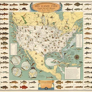 1936 Pesca de caza mayor, mapa completo ilustrado, pesca en agua dulce y salada