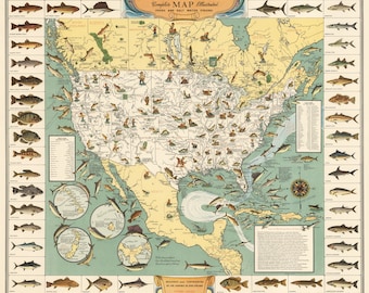 1936 Big Game Fish, Complete Map Illustrated, Fresh and Saltwater Fishing