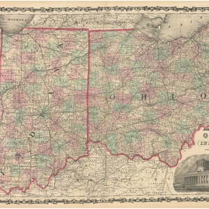 1861 Mapa de Johnson de Ohio e Indiana