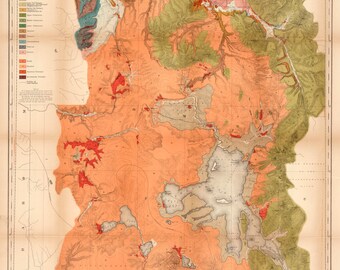 May include: A vintage geological map of Yellowstone National Park, showing different rock formations and geological features in various colors. The map is labeled "Preliminary Geological Map of the Yellowstone National Park".