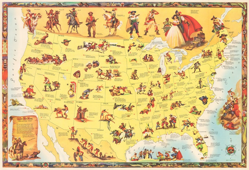Puede incluir: Un mapa ilustrado vintage de los Estados Unidos con cada estado representado con una imagen de dibujos animados que representa su historia o cultura. El mapa est&aacute; sobre un fondo amarillo con un borde azul y una rosa de los vientos en la esquina inferior derecha. El texto "Who Built Home" est&aacute; en la esquina inferior izquierda.