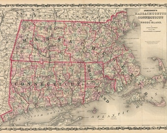 May include: An antique map of Massachusetts, Connecticut, and Rhode Island, showing the states' borders and major cities. The map is printed in black and white with red lines highlighting the state boundaries. The map is titled "Johnson's Massachusetts, Connecticut, and Rhode Island."