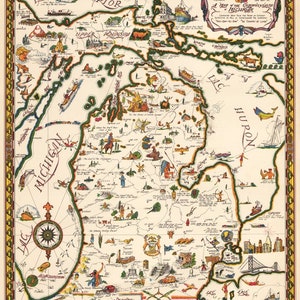 Puede incluir: Un mapa ilustrado vintage del estado de Michigan, que presenta una representación caprichosa de la geografía, los monumentos y los iconos culturales del estado. El mapa está dibujado en un estilo de dibujos animados con detalles coloridos e incluye etiquetas de texto para varios lugares y características.