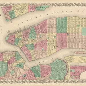 1861 Mappa di New York e delle città adiacenti