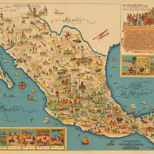 Illustrated Map of the Republic of Mexico, Vintage pictorial map reproduction of Mexico