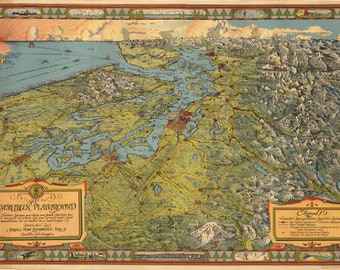 Vintage map of the Evergreen Playground, Olympia,  Tacoma, Seattle, Victoria and Vancouver