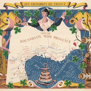 Mapa de vinos de cosecha de Francia / Les Vignobles de France / Vins de Roussillion Midi Provence