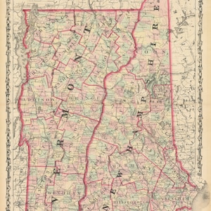 1861 Map of Johnson&#39;s New Hampshire and Vermont