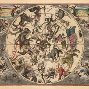 Carte céleste représentant les constellations du ciel nordique... 1661/1708 Hemisphaerium Stellatum Boreale Antiquum...