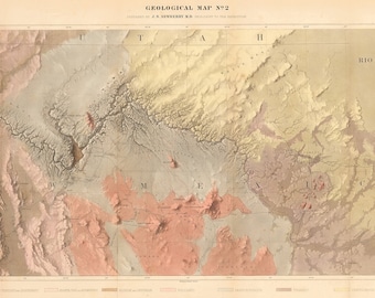 May include: A vintage geological map of the Rio Colorado of the West, showing the different geological formations in the area. The map is divided into sections labeled "Utah", "Arizona", "New Mexico", and "Colorado". The map is printed in shades of brown, green, and yellow.