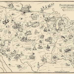 May include: A black and white cartoon map of the United States with various illustrations representing different states. The map is titled "Bootlegger's Map of the United States" with the text "You bet your sweet life it's good!" underneath.