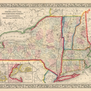 1862 County Map of the States of New York, New Hampshire, Vermont, Massachusetts, Rhode Island, and Connecticut