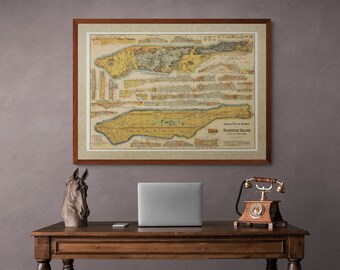 May include: A framed vintage map of Manhattan Island, City of New York, with a brown wooden frame, hanging on a gray wall above a wooden desk with a laptop, a horse head sculpture, and a vintage rotary phone.