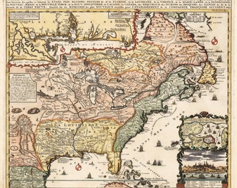 Könnte beinhalten: Eine antike Karte von Nordamerika, die die Gebiete von Neu-Frankreich, Louisiana und den umliegenden Gebieten zeigt. Die Karte ist handkoloriert und weist komplizierte Details auf, darunter Flüsse, Seen und Städte. Der Titel der Karte lautet "CARTE DE LA NOUVELLE FRANCE" und sie ist auf 1684 datiert.