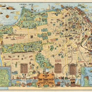 Könnte beinhalten: Eine Vintage-Karte von San Francisco, Kalifornien, die die wichtigsten Straßen und Sehenswürdigkeiten der Stadt zeigt. Die Karte ist mit kleinen Zeichnungen von Sehenswürdigkeiten, Gebäuden und Verkehrsmitteln illustriert. Die Karte trägt den Titel "Map of San Francisco Showing Principal Streets and Places of Interest."