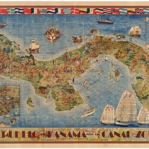 Mid-Century Pictorial Map of the Republic of Panama with the Canal Zone
