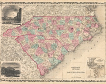 Pode incluir: Um mapa antigo da Carolina do Norte e da Carolina do Sul, mostrando os limites dos condados e as principais cidades. O mapa é impresso em preto e branco com destaques em rosa e azul. O mapa é intitulado "Johnson's North and South Carolina" e inclui um mapa inserido menor de Charleston, Carolina do Sul.