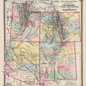 Mapa del condado de 1875 de Colorado, Utah, Nuevo México y Arizona