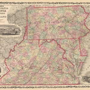 1861 Carte de Johnson de la Pennsylvanie, de la Virginie, du Delaware et du Maryland