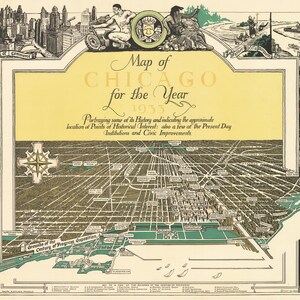 Karte von Chicago für das Jahr 1933 Porträtiert einige seiner Geschichte