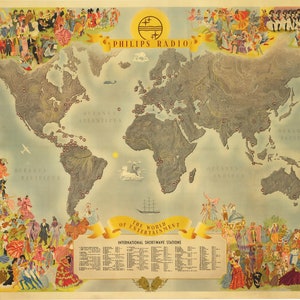 May include: A vintage world map with a blue background and a gray outline of the continents. The map is surrounded by illustrations of people in different cultures and costumes. The text "Philips Radio" and "The World of Entertainment" are printed on the map. The map also includes a list of "International Shortwave Stations".