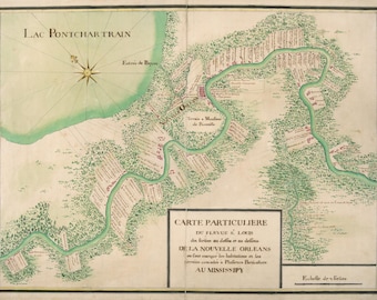 Mapa manuscrito colonial francés de 1723 de Nueva Orleans y el bajo río Misisipi.