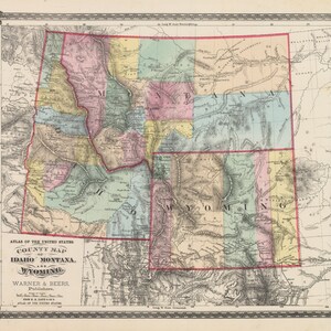 Carte des comtés de l’Idaho, du Montana et du Wyoming de 1875