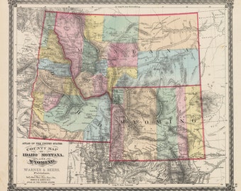 1875 Mapa del Condado de Idaho, Montana y Wyoming