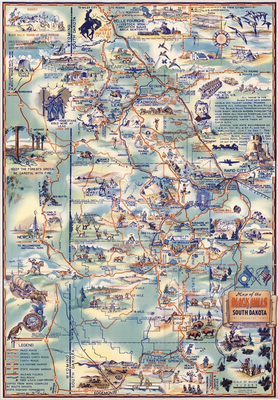 Black Hills South Dakota Map Map Of The Black Hills Of South Dakota The Sunshine State | Etsy Canada