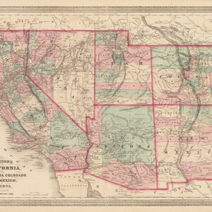 1872 Johnson’s California aussi Utah, Nevada, Colorado Nouveau-Mexique et Arizona