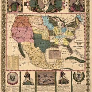 1847 Zierkarte der Vereinigten Staaten und Mexikos