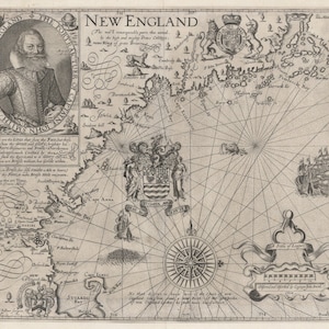 May include: A vintage black and white map of New England, with a compass rose and a scale of leagues. The map includes the text "NEW ENGLAND" and "The most remargurable parts shared by the high and mighty Prince Charles, nowe King of great Britaine."