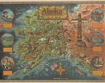 Op de afbeelding: Een vintage geïllustreerde kaart van Alaska, met een groen en bruin landschap met verschillende dieren en bezienswaardigheden. De kaart is omgeven door een decoratieve rand en bevat de tekst "Alaska Far North Frontier".