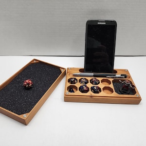 Cathulu Hardwood Dice Tray and Vault with Phone/Tablet Stand