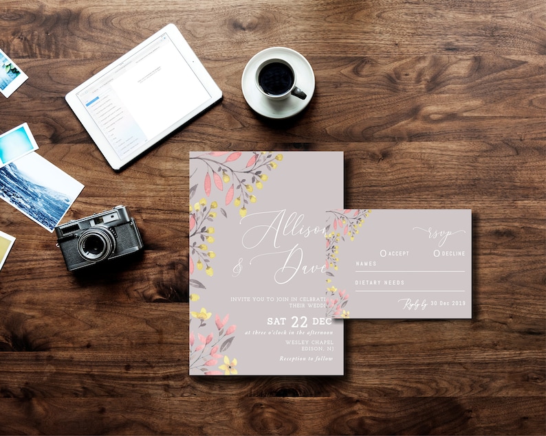 Wedding Invitation Template Set Printable INSTANT DOWNLOAD Blush Pink Floral Peonies Flowers Editable diy Invitation rsvp details WI078
