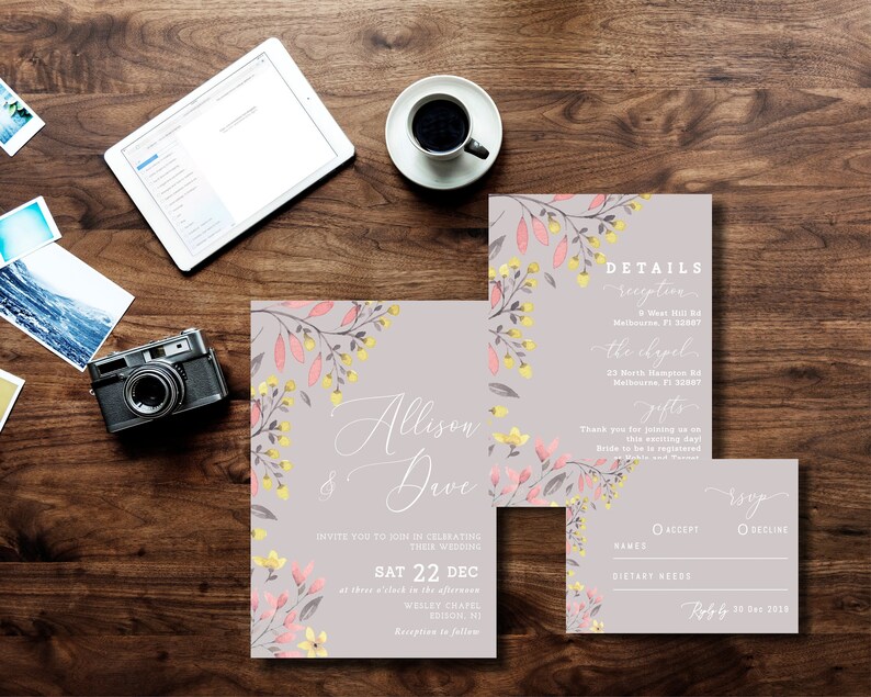 Wedding Invitation Template Set Printable INSTANT DOWNLOAD Blush Pink Floral Peonies Flowers Editable diy Invitation rsvp details WI078