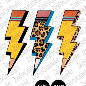 Lápis Relâmpago SVG PNG | Volta às aulas meninos Meninas Professoras | Leopardo chita angustiado | Download de designs de sublimação