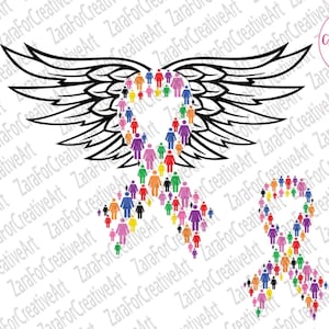 Fita multicolorida svg Toda a conscientização sobre o câncer svg Camiseta com fita de asas multicoloridas svg camisa de conscientização sobre o câncer de mama svg de câncer de mama em ferro