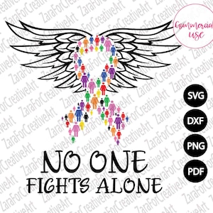 Multi color Ribbon All Cancer Awareness svg No One Fights Alone SVG wings Ribbon svg breast cancer svg breast cancer awareness shirt iron on