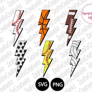 Lightning Bolt SVG Football Basketball Baseball Softball Volleyball Soccer Ball Sublimation Design PNG |Hand Drawn PNG | clip art clipart