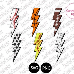 May include: Set of six lightning bolt designs featuring different sports ball patterns. The designs include baseball, basketball, football, soccer, softball, and volleyball.