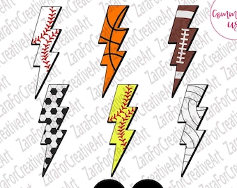 Lightning Bolt SVG Football Basketball Baseball Softball Volleyball Soccer Ball Sublimation Design PNG |Hand Drawn PNG | clip art clipart