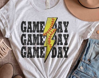 Game Day Softball Sublimation Design PNG, Stacked Distressed Lightning Bolt Printable Hand Drawn clip art clipart INSTANT DOWNLOAD Iron On