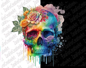 colorful Skull Watercolor PNG Sublimation, skull with roses png , colorful floral skull PNG, Instant Digital Download, clip art hand drawing