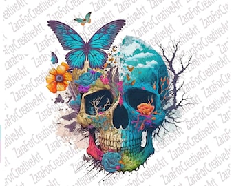 Skull flower Butterfly PNG Sublimation, Floral Skull Sublimation  colorful skull butterfly PNG ,  Instant Digital Download , hand drawing