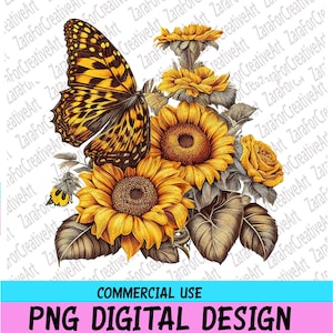 Sunflower vintage retro Butterfly PNG Sublimation, Sunflower Sublimation colorful butterfly PNG ,  Instant Digital Download, Digital drawing